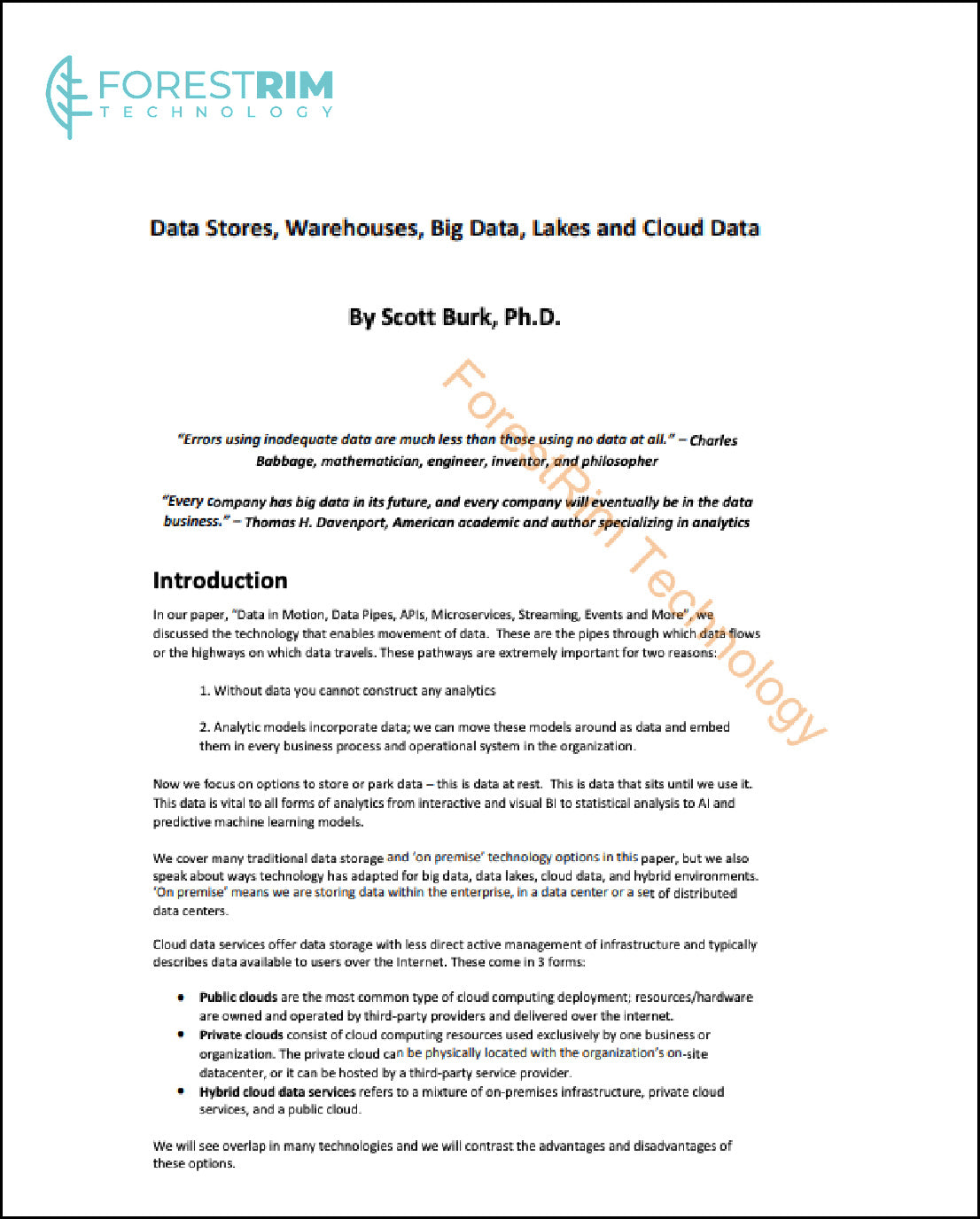 Data Architecture Part 2, Data Stores, Warehouses, Big Data, Lakes and Cloud Data